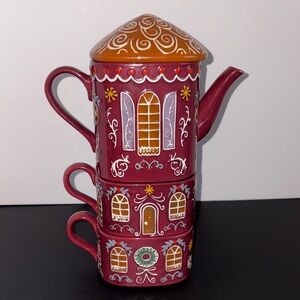 Anthropologie Ginger Stoneware Stacking Teapot Set With 2 Mugs